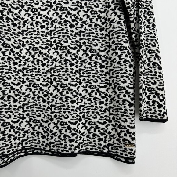 3/$25 Calvin Klein Snow Leopard Print Long Sweater L Cowl Neck Tunic Black White - Picture 5 of 8